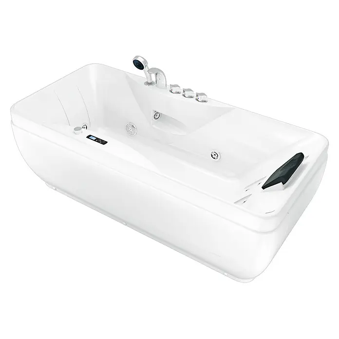 AcquaVapore Badewanne Fertigdusche W49-PR - Acryl, Weiß - Weiße Whirlpool-Badewanne mit Chromarmatur, Düsen, Bedienelementen und schwarzer Kopfstütze.