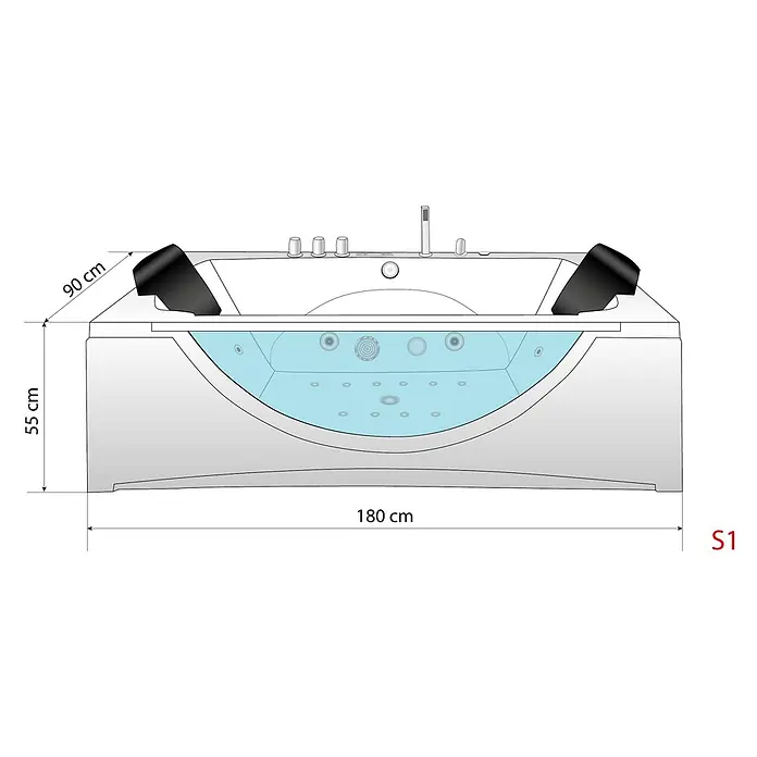 AcquaVapore Badewanne Fertigdusche W81-TH-C - Acryl, Weiß - Weißer Whirlpool mit schwarzen Kopfstützen, sichtbaren Düsen und Maßen 180x90x55 cm, gefüllt mit blauem Wasser.