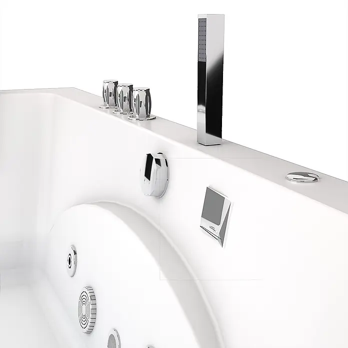 AcquaVapore Badewanne Fertigdusche W81-TH-C - Acryl, Weiß - Weiße Badewanne mit Chrom-Bedienknöpfen, einer Handbrause und mehreren Massagedüsen.