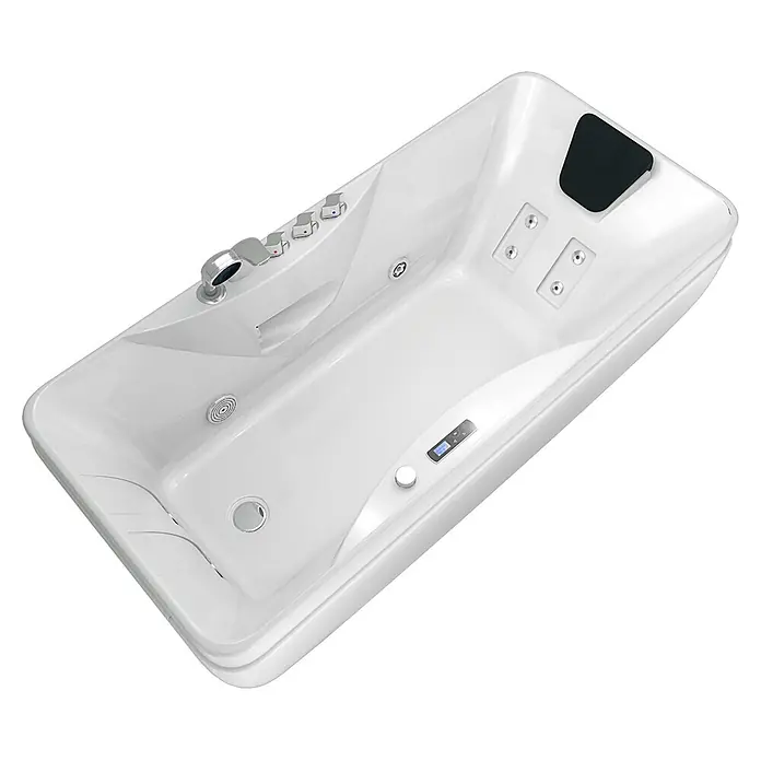 AcquaVapore Badewanne Fertigdusche W49-PR - Acryl, Weiß - Weiße Whirlpool-Badewanne mit mehreren Düsen, Chromarmaturen, einer schwarzen Kopfstütze und digitaler Steuerung für ein luxuriöses Spa-Erlebnis.