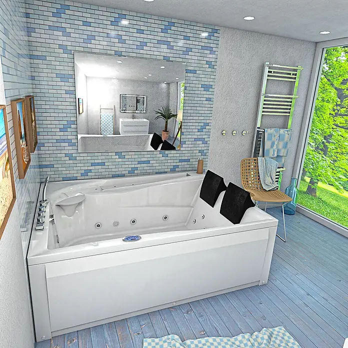 AcquaVapore Badewanne Fertigdusche W12HZ-A-SC - Acryl, Weiß - Weiße Whirlpool-Badewanne mit schwarzen Kopfstützen in einem modernen Badezimmer.