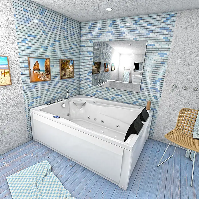 AcquaVapore Badewanne Fertigdusche W12HZ-A-SC - Acryl, Weiß - Weiße Whirlpool-Badewanne mit schwarzen Kopfstützen, in einem modernen Badezimmer mit blau gefliesten Wänden.