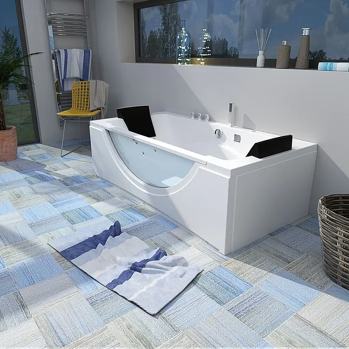 AcquaVapore Badewanne Fertigdusche W81-B-SC - Acryl, Weiß - Weiße moderne Badewanne mit Glaspaneel und schwarzen Kopfstützen in hellem Badezimmer.