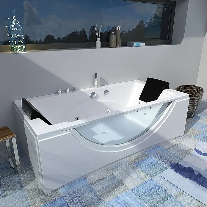 AcquaVapore Badewanne Fertigdusche W81-B-SC - Acryl, Weiß - Moderne weiße Badewanne mit transparenter Front und schwarzen Kopfstützen in einem stilvollen Badezimmer.