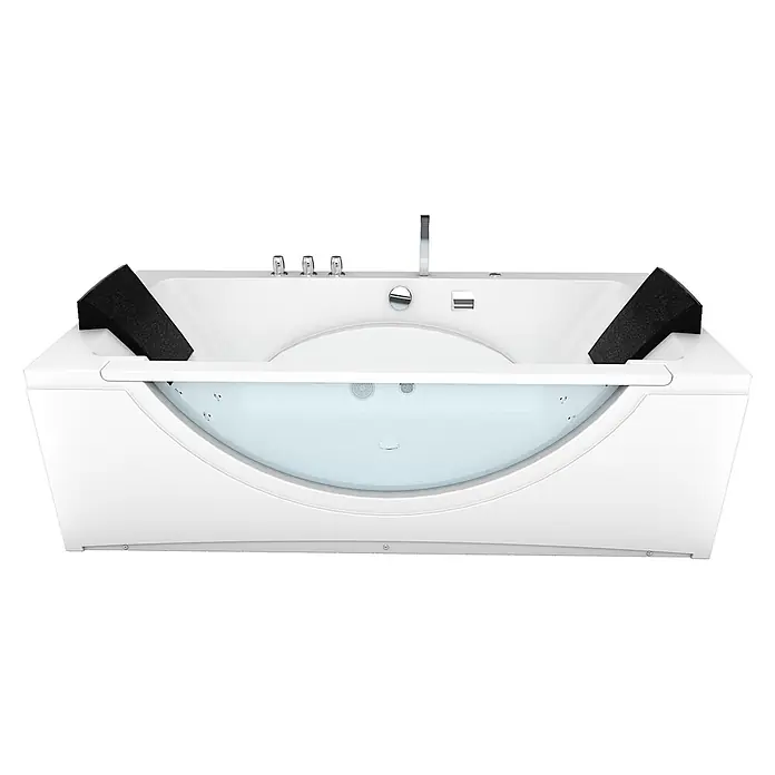 AcquaVapore Badewanne Fertigdusche W81-B-SC - Acryl, Weiß - Weiße Whirlpool-Badewanne mit transparenter Platte, Chromarmaturen und schwarzen Kopfstützen.