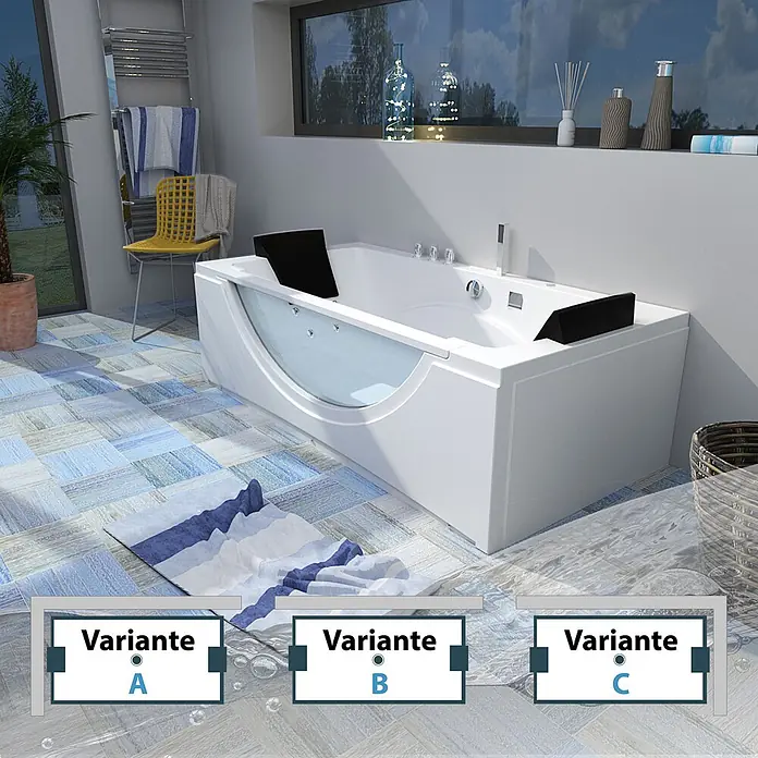 AcquaVapore Badewanne Fertigdusche W81-A-SC - Acryl, Weiß - Moderne weiße Badewanne mit transparentem Glaspaneel und schwarzen Kopfstützen in einem geräumigen Badezimmer.