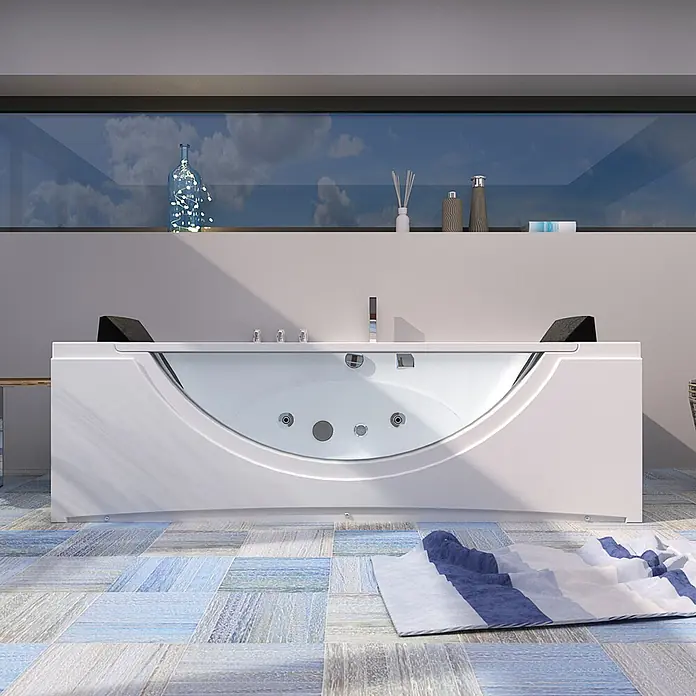 AcquaVapore Badewanne Fertigdusche W81-B-SC - Acryl, Weiß - Moderne weiße Whirlpool-Badewanne mit transparenter Front, schwarzen Kopfstützen, in einem Badezimmer mit blaugrauen Fliesen.