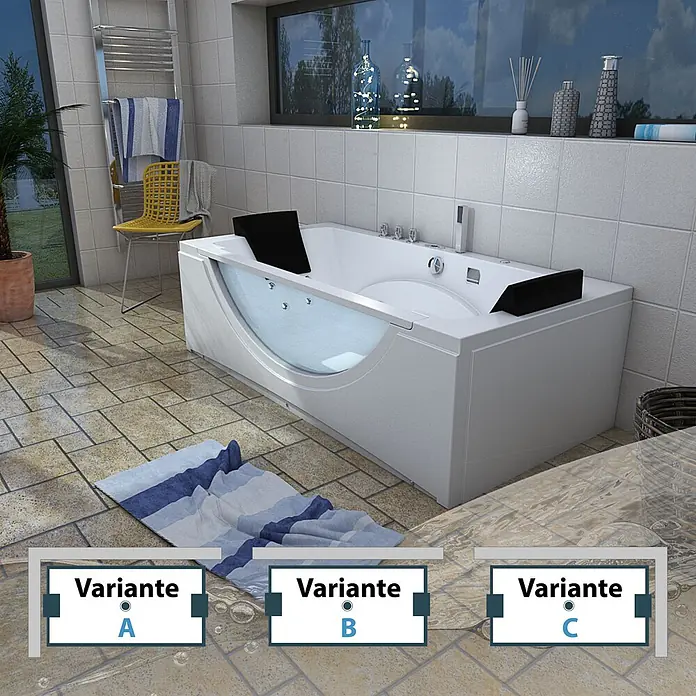 AcquaVapore Badewanne Fertigdusche W81-TH-C - Acryl, Weiß - Weiße Badewanne mit transparenter Frontplatte und schwarzen Kopfstützen in einem modernen Badezimmer.