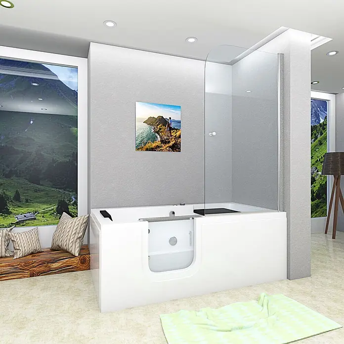 AcquaVapore Badewanne Fertigdusche S15D-WP-L - 150 x 75 cm, Acryl, Weiß - Weiße begehbare Badewanne mit Duschabtrennung aus Klarglas in einem modernen Badezimmer.