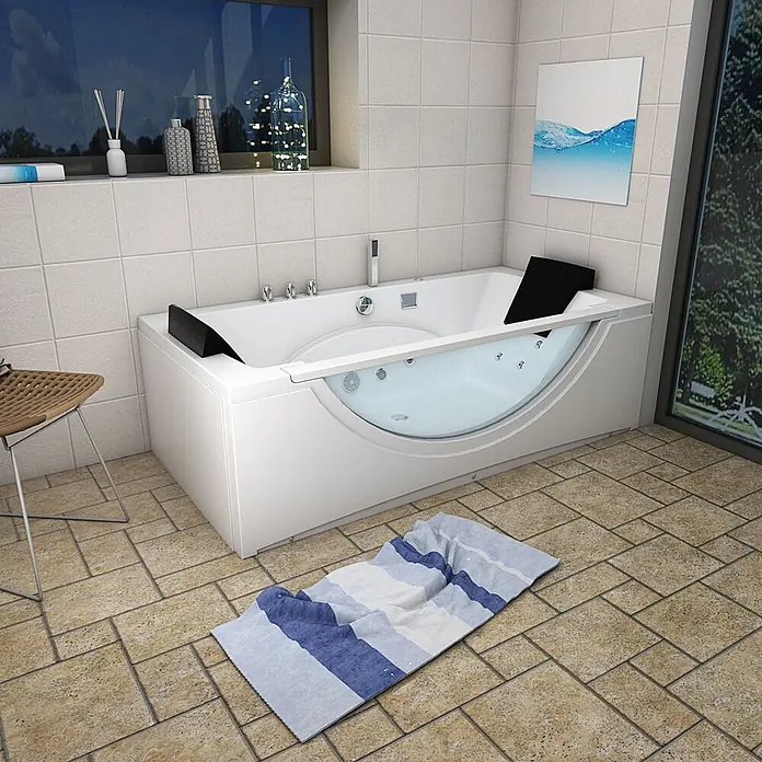 AcquaVapore Badewanne Fertigdusche W81-TH-C - Acryl, Weiß - Weißer Whirlpool mit transparenter Frontplatte und schwarzen Kopfstützen in gefliestem Badezimmer.