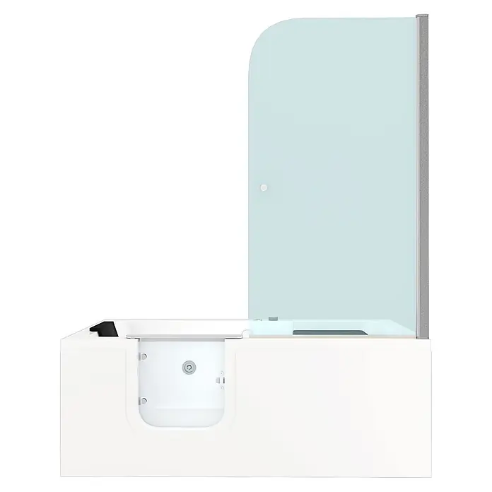 AcquaVapore Badewanne Fertigdusche S15D-WP-L - 150 x 75 cm, Acryl, Weiß - Weiße Walk-in-Badewanne mit integriertem Sitz und gebogener Glas-Duschwand.