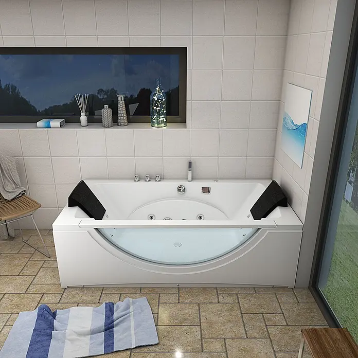 AcquaVapore Badewanne Fertigdusche W81-TH-C - Acryl, Weiß - Weiße Whirlpool-Badewanne mit schwarzen Kopfstützen und klarer Frontblende, in einem modernen Badezimmer installiert.