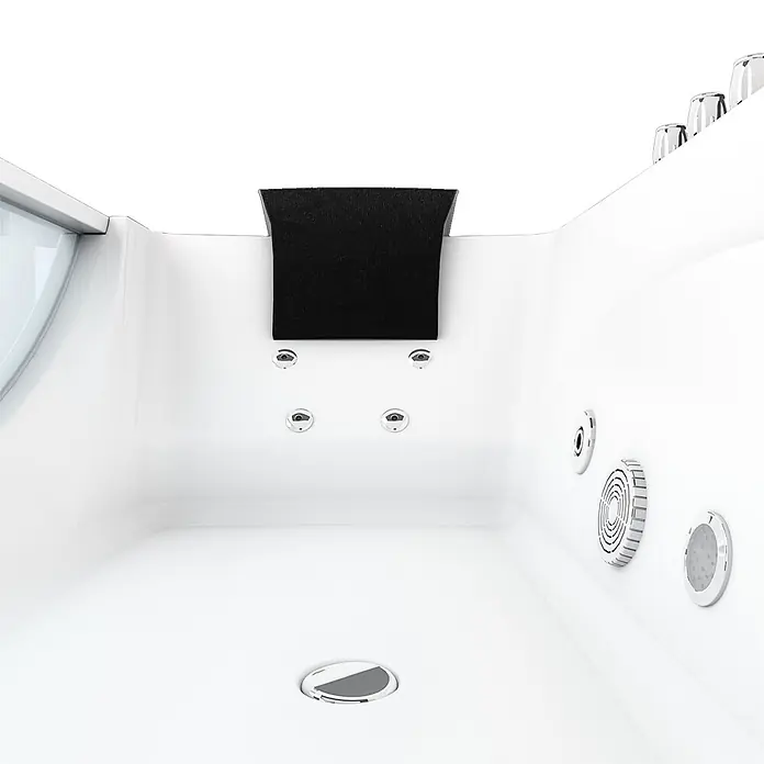 AcquaVapore Badewanne Fertigdusche W81-TH-C - Acryl, Weiß - Das Innere einer weißen Whirlpool-Badewanne mit schwarzer Kopfstütze, mehreren Chromdüsen und Abfluss.