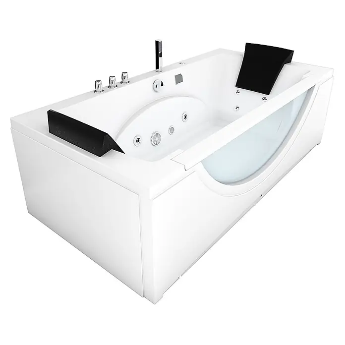 AcquaVapore Badewanne Fertigdusche W81-TH-C - Acryl, Weiß - Weißer Whirlpool mit schwarzen Kopfstützen, Chromarmaturen und Seitenverkleidung, mit mehreren Hydromassagedüsen.