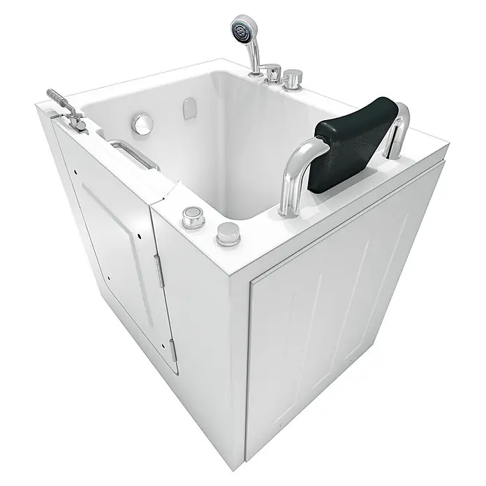 AcquaVapore Badewanne Fertigdusche S02WP-A-R - 78 x 100 cm, Acryl, Weiß - Weiße begehbare Badewanne mit barrierefreier Tür, integrierter Duschbrause, Armatur, Haltegriffen und schwarzer Rückenlehne.