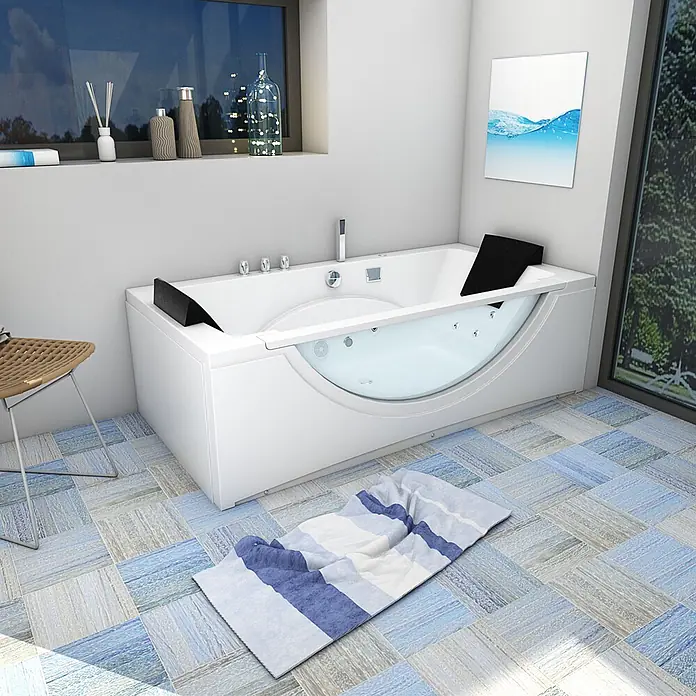 AcquaVapore Badewanne Fertigdusche W81-C - Acryl, Weiß - Weiße rechteckige Whirlpool-Badewanne mit transparenter Frontplatte, integrierten Düsen und schwarzen Kopfstützen.