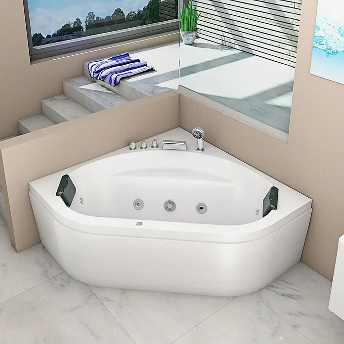 AcquaVapore Badewanne Fertigdusche W20 - Acryl, Weiß - Weißer Eck-Whirlpool mit Bedienelementen und Handbrause in einem modernen Badezimmer.
