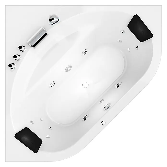 AcquaVapore Badewanne Fertigdusche W20 - Acryl, Weiß - Weisse Eck-Whirlpool-Badewanne mit schwarzen Kopfstützen, Chrom-Massagedüsen, Armatur und Bedienelementen.