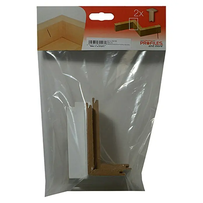 Profiles and more Innenecke für Rohrabdeckleiste - Weiß, B x H: 41 x 91 mm, 2 Stk. - Eine Packung mit zwei Eckprofilen für Rahmenmontage, ideal für Heimwerkerprojekte. Die Profile sind aus Holz und in einer Plastikverpackung.
