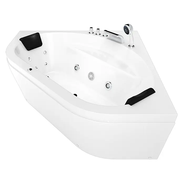 AcquaVapore Badewanne Fertigdusche W20 - Acryl, Weiß - Weißer Acryl-Eckwhirlpool mit Chromdüsen, Armaturen, Handbrause und schwarzen Kopfstützen.
