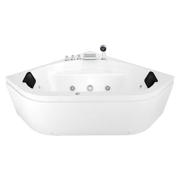 AcquaVapore Badewanne Fertigdusche W20 - Acryl, Weiß - Weiße Eck-Whirlpool-Badewanne mit schwarzen Kopfstützen, Chromdüsen und integrierter Handbrause.