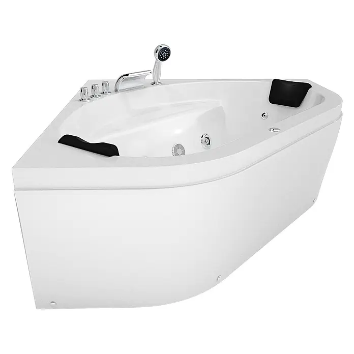 AcquaVapore Badewanne Fertigdusche W20 - Acryl, Weiß - Weiße Eck-Hydromassage-Badewanne mit Chromarmaturen, Handbrause und schwarzen Kopfstützen.