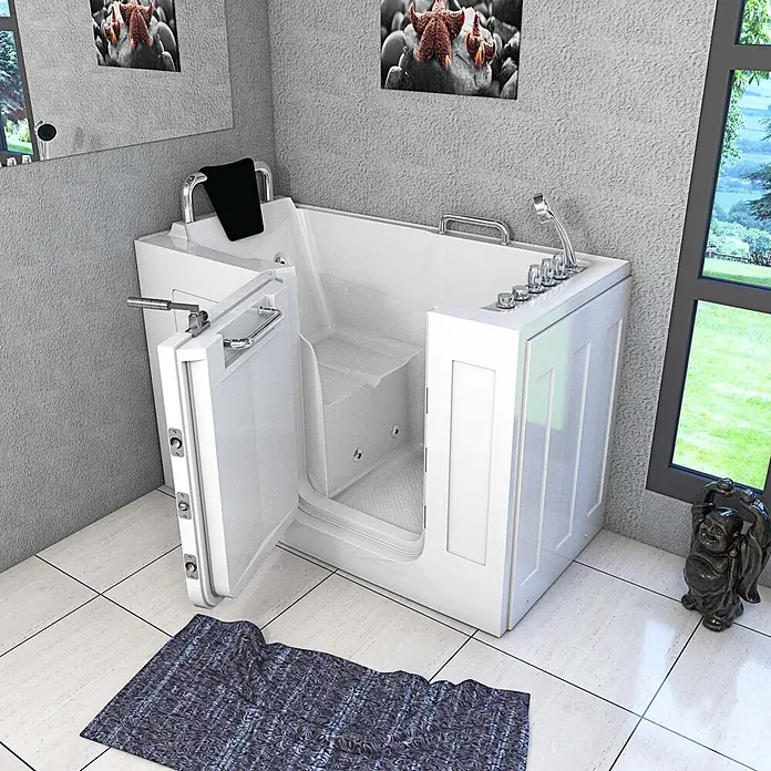 AcquaVapore Badewanne Fertigdusche S07WP-TH-A-L - 140 x 76 cm, Acryl, Weiß - Weiße barrierefreie Badewanne mit offener Tür, integriertem Sitz und Haltegriffen für einfaches, sicheres Baden.