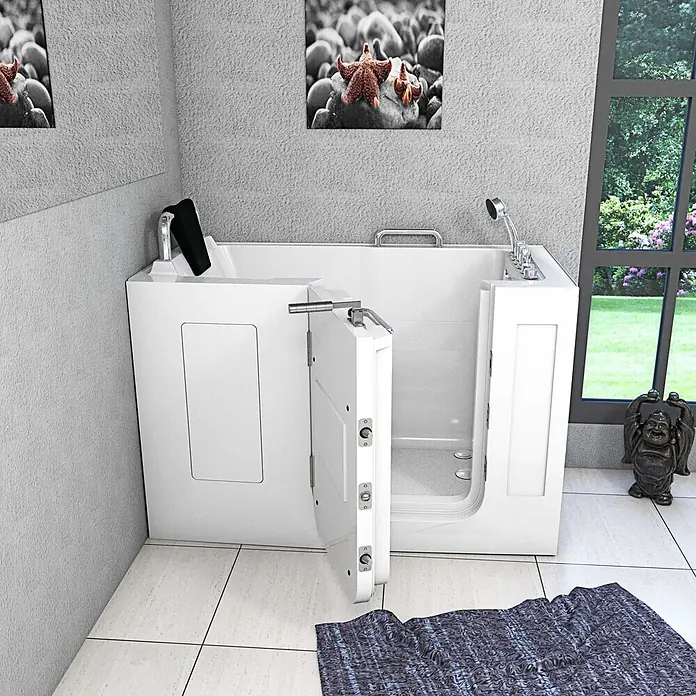 AcquaVapore Badewanne Fertigdusche S07WP-TH-A-L - 140 x 76 cm, Acryl, Weiß - Weiße begehbare Badewanne mit geöffneter Seitentür für barrierefreies Baden im Badezimmer.