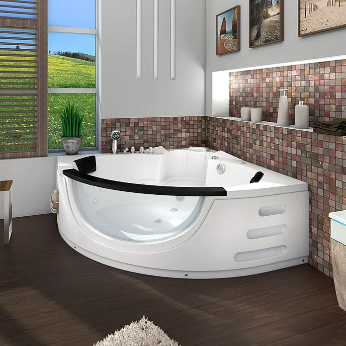 AcquaVapore Badewanne Fertigdusche W06-SC - Acryl, Weiß - Weiße Eck-Jacuzzi-Badewanne mit Glaspaneel und schwarzer Verkleidung in einem modernen Badezimmer mit Ausblick.