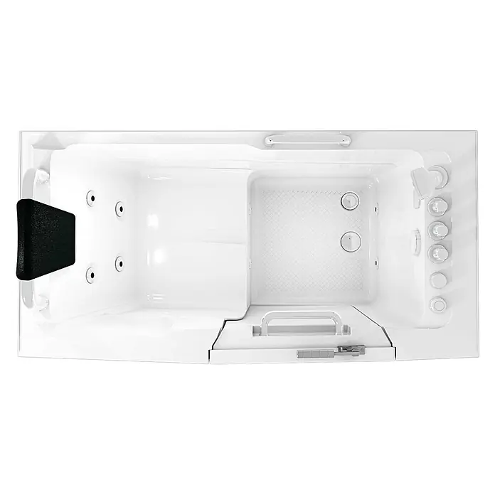 AcquaVapore Badewanne Fertigdusche S07WP-TH-A-L - 140 x 76 cm, Acryl, Weiß - Weiße barrierefreie Badewanne mit schwarzer Kopfstütze, Massagedüsen, Bedienelementen und rutschfestem Boden, von oben gesehen.