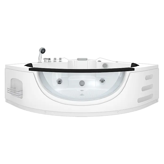 AcquaVapore Badewanne Fertigdusche W06-SC - Acryl, Weiß - Weiße Eck-Whirlpool-Badewanne mit transparenter Front, schwarzem Rand, Chrom-Handbrause, Bedienelementen und Düsen, mit integriertem Handtuchhalter.