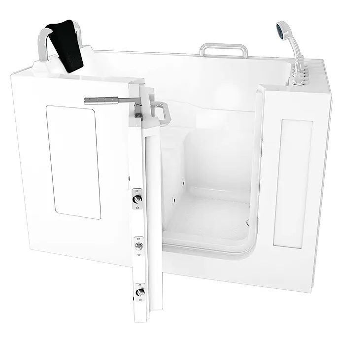AcquaVapore Badewanne Fertigdusche S07WP-TH-A-L - 140 x 76 cm, Acryl, Weiß - Weiße barrierefreie Badewanne mit offener Tür, Sitzgelegenheit, Haltegriffen und Handbrause für zugängliches Baden.
