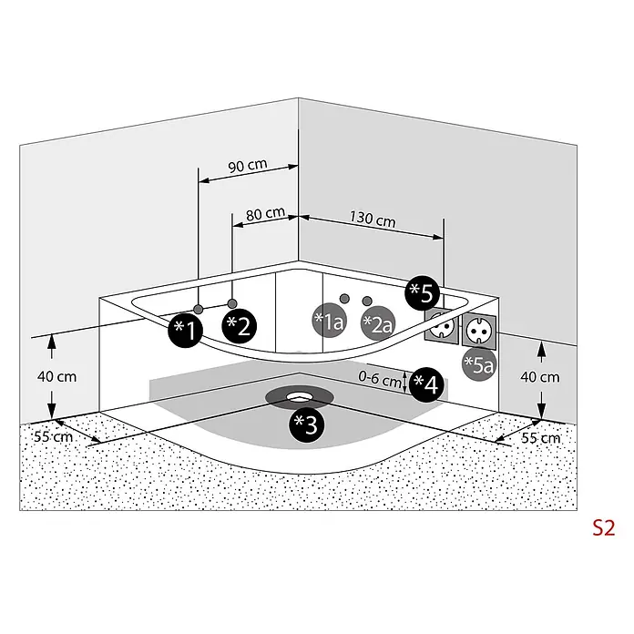 AcquaVapore Badewanne Fertigdusche W06H-SC - Acryl, Weiß - Installationsschema für eine Eckduschwanne mit Maßen (80x90x130 cm), Abfluss, Sanitär- und Elektroanschlusspunkten.