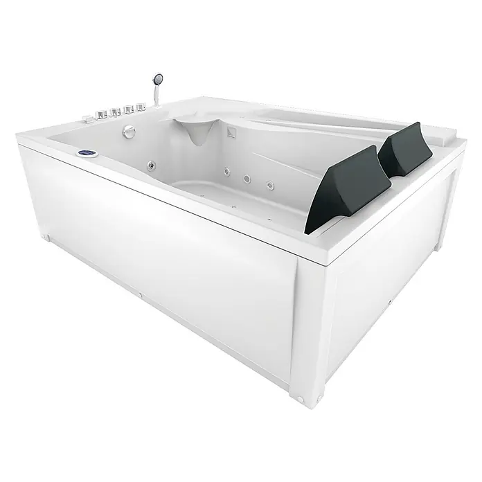 AcquaVapore Badewanne Fertigdusche W12H-A - Acryl, Weiß - Weißer Whirlpool mit schwarzen Kopfstützen, Bedienelementen und einer Handbrause.