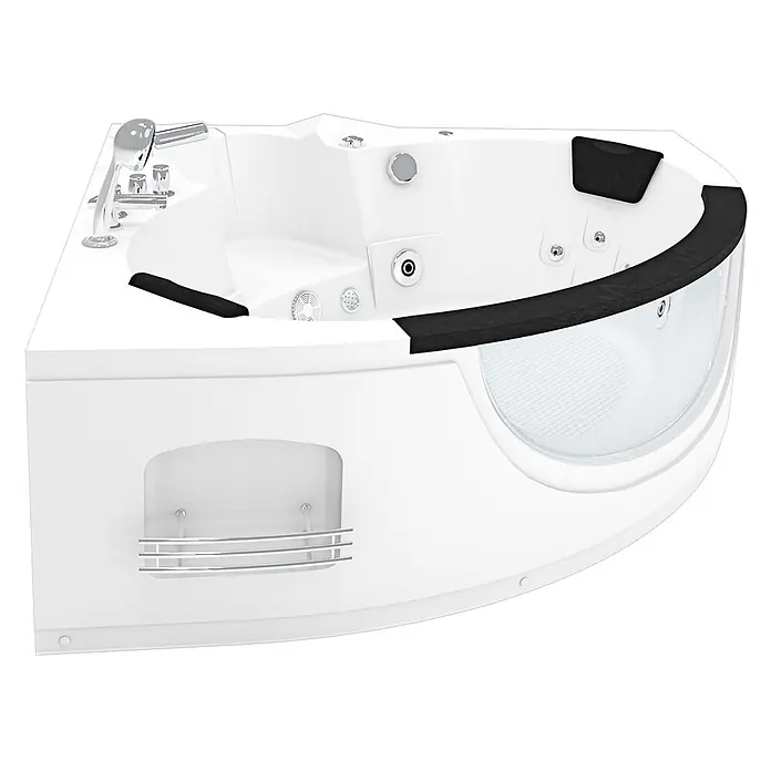 AcquaVapore Badewanne Fertigdusche W06-SC - Acryl, Weiß - Weißer Eck-Whirlpool mit Chromarmaturen, schwarzen Kopfstützen und transparenter Scheibe.