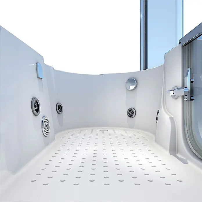 AcquaVapore Badewanne Fertigdusche S12D-WP-L-EC - 170 x 85 cm, Acryl, Weiß - Weißes Badewannen-Interieur mit Anti-Rutsch-Boden, Hydrodüsen und Chromgriff an einer Klarglastür.