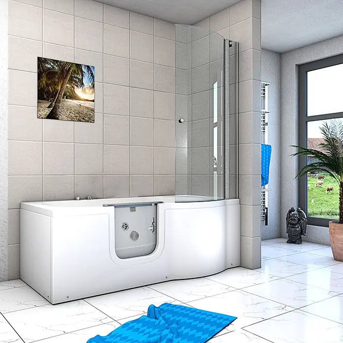 AcquaVapore Badewanne Fertigdusche S12D-WP-L-EC - 170 x 85 cm, Acryl, Weiß - Weiße begehbare Badewanne mit integrierter Duschwand und barrierefreier Tür in einem modernen Badezimmer.