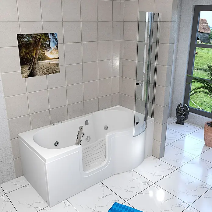 AcquaVapore Badewanne Fertigdusche S12D-WP-L-EC - 170 x 85 cm, Acryl, Weiß - Weiße barrierefreie Badewanne mit rutschfestem Boden, Massagedüsen und integrierter Glasduschwand im Badezimmer.