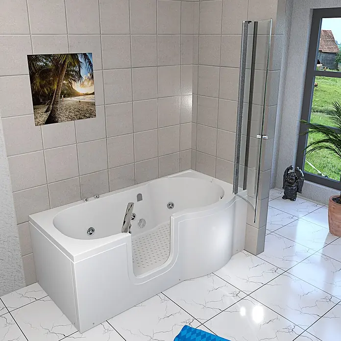 AcquaVapore Badewanne Fertigdusche S12D-WP-L-EC - 170 x 85 cm, Acryl, Weiß - Weiße begehbare Badewanne mit integrierter Duschwand und barrierefreiem Einstieg.