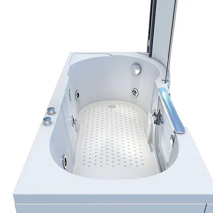 AcquaVapore Badewanne Fertigdusche S12D-WP-L-EC - 170 x 85 cm, Acryl, Weiß - Weiße begehbare Whirlpool-Badewanne mit Hydromassagedüsen, Bedienknöpfen, rutschfestem Boden und klarer Duschwand/-tür.