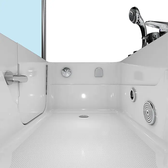 AcquaVapore Badewanne Fertigdusche S17D-EH-WP-R - Acryl, Weiß - Weißes barrierefreies Bad mit niedriger Tür, strukturiertem Boden, Handbrause und Hydrotherapie-Düsen.
