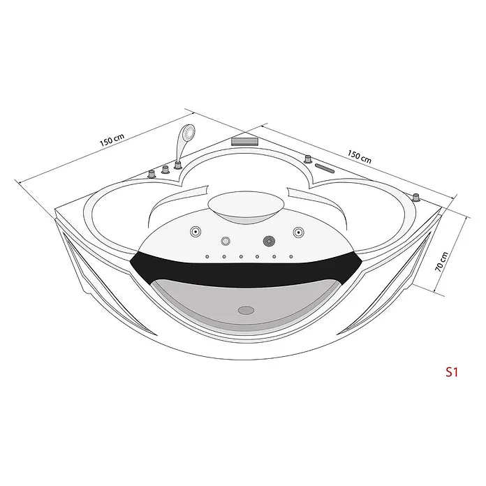 AcquaVapore Badewanne Fertigdusche W25 - Acryl, Weiß - Weiße Eck-Whirlpool-Badewanne mit Handbrause und Bedienelementen, 150x150x70 cm.