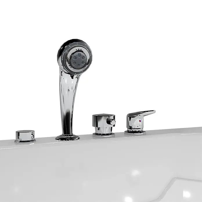 AcquaVapore Badewanne Fertigdusche S17D-EH-WP-R - Acryl, Weiß - Verchromte Wannenrand-Dusch- und Armaturensteuerung auf einer weißen Wanne.
