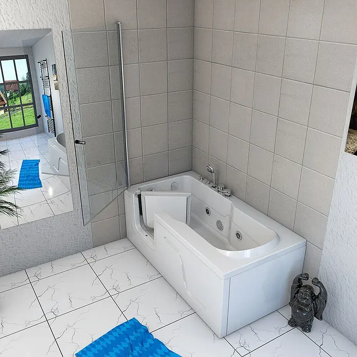 AcquaVapore Badewanne Fertigdusche S17D-EH-WP-R - Acryl, Weiß - Weiße barrierefreie Badewanne mit Einstiegstür und Hydromassagedüsen in einem modernen Bad.