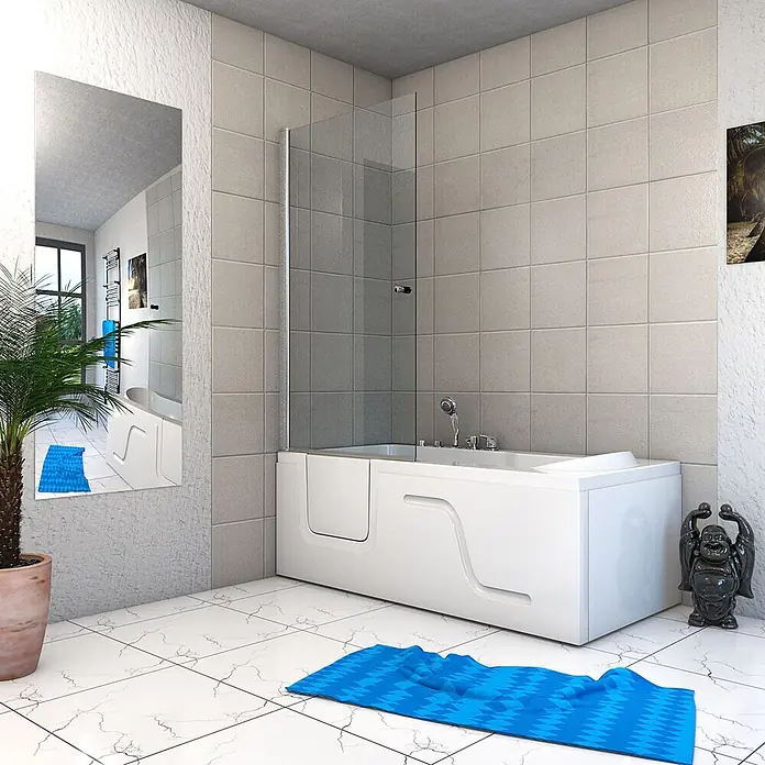 AcquaVapore Badewanne Fertigdusche S17D-EH-WP-R - Acryl, Weiß - Weisse begehbare Badewanne mit Duschabtrennung aus Klarglas in einem modernen Badezimmer.