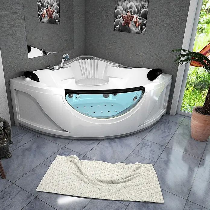 AcquaVapore Badewanne Fertigdusche W25H - Acryl, Weiß - Weiße Eck-Whirlpool-Badewanne mit transparentem Panel, blauem Wasser und Düsen in einem modernen Badezimmer.
