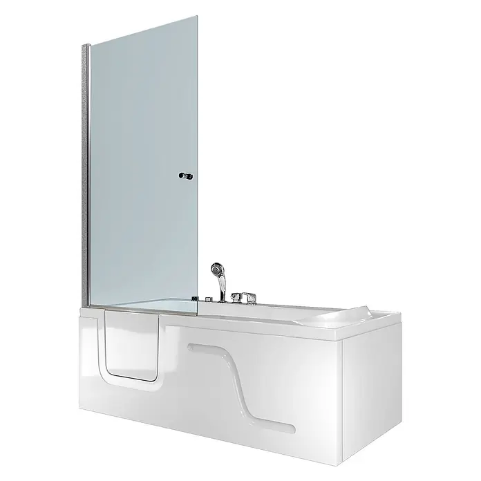 AcquaVapore Badewanne Fertigdusche S17D-EH-WP-R - Acryl, Weiß - Weiß-barrierefreie Badewanne mit integrierter Glas-Duschwand und Armaturen auf dem Wannenrand.