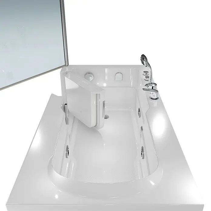 AcquaVapore Badewanne Fertigdusche S17D-EH-WP-R - Acryl, Weiß - Weiße begehbare Badewanne mit offener Tür und Chromarmaturen.