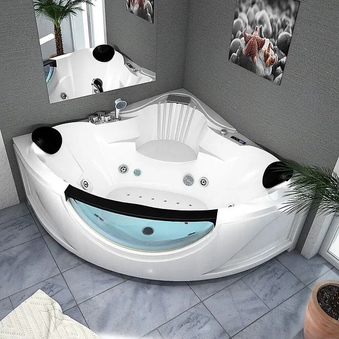 AcquaVapore Badewanne Fertigdusche W25H - Acryl, Weiß - Weiße Eck-Whirlpool-Badewanne mit schwarzen Kopfstützen und transparentem Seitenpaneel in einem modernen Badezimmer.