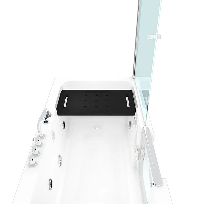 AcquaVapore Badewanne Fertigdusche S15D-WP-TH-L - 150 x 75 cm, Acryl, Weiß - Weiße begehbare Badewanne mit schwarzem strukturiertem Duschsitz und Chromarmaturen.